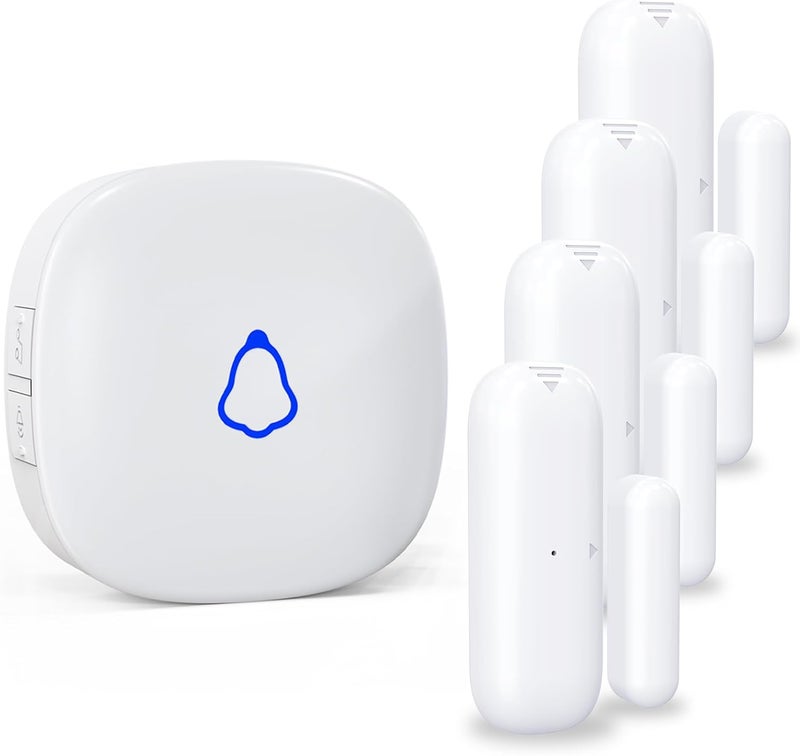 METAK Door Chime, Wireless Door Open Contact Sensor Alarm with 500 FT Range, 58 Chimes and 5 Volume Levels for Business/Store/Home/Office When Entering, 4 Transmitters + 1 Plug-in Receiver (White) - Image 1